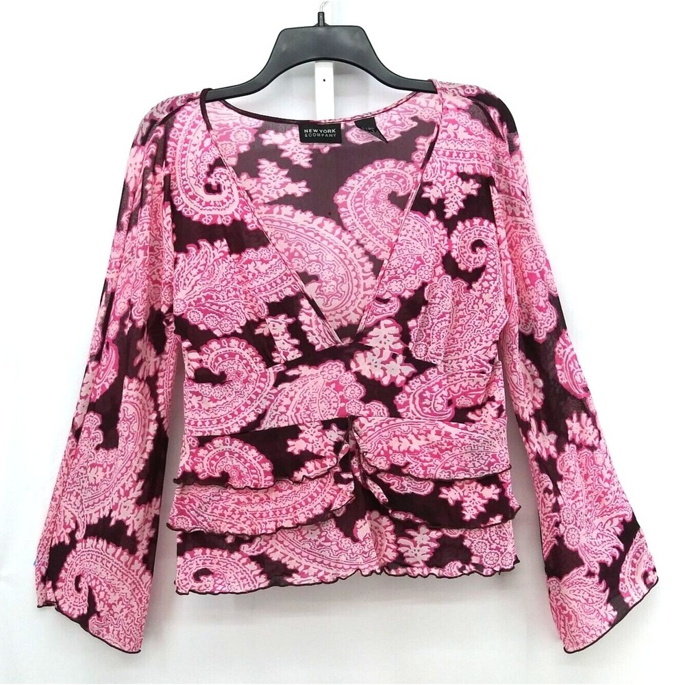 New York & Co. Shirt Womens Medium Pink Floral Long Sleeve Ruffle Sheer Blouse